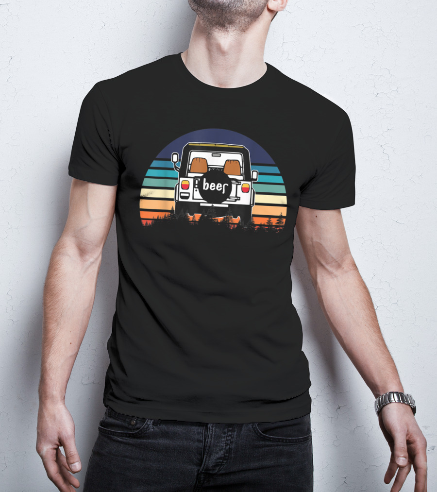Funny Beer Jeeps Vintage Sunset Retro Stripess T-Shirt
