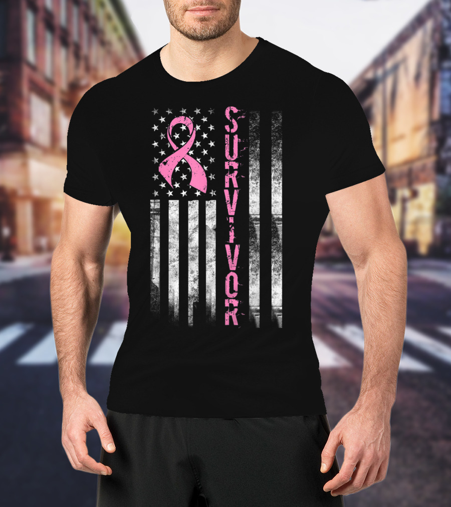 Survivor Pink Ribbon American Flag Breast Cancer Awareness T-Shirt