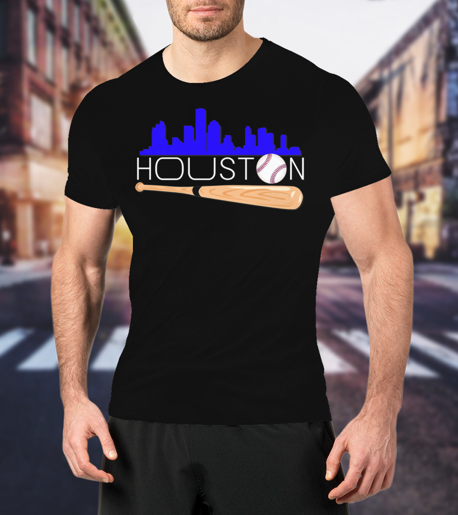 Houston Baseball Astro Font Skyline With Bat And Ball T-Shirt