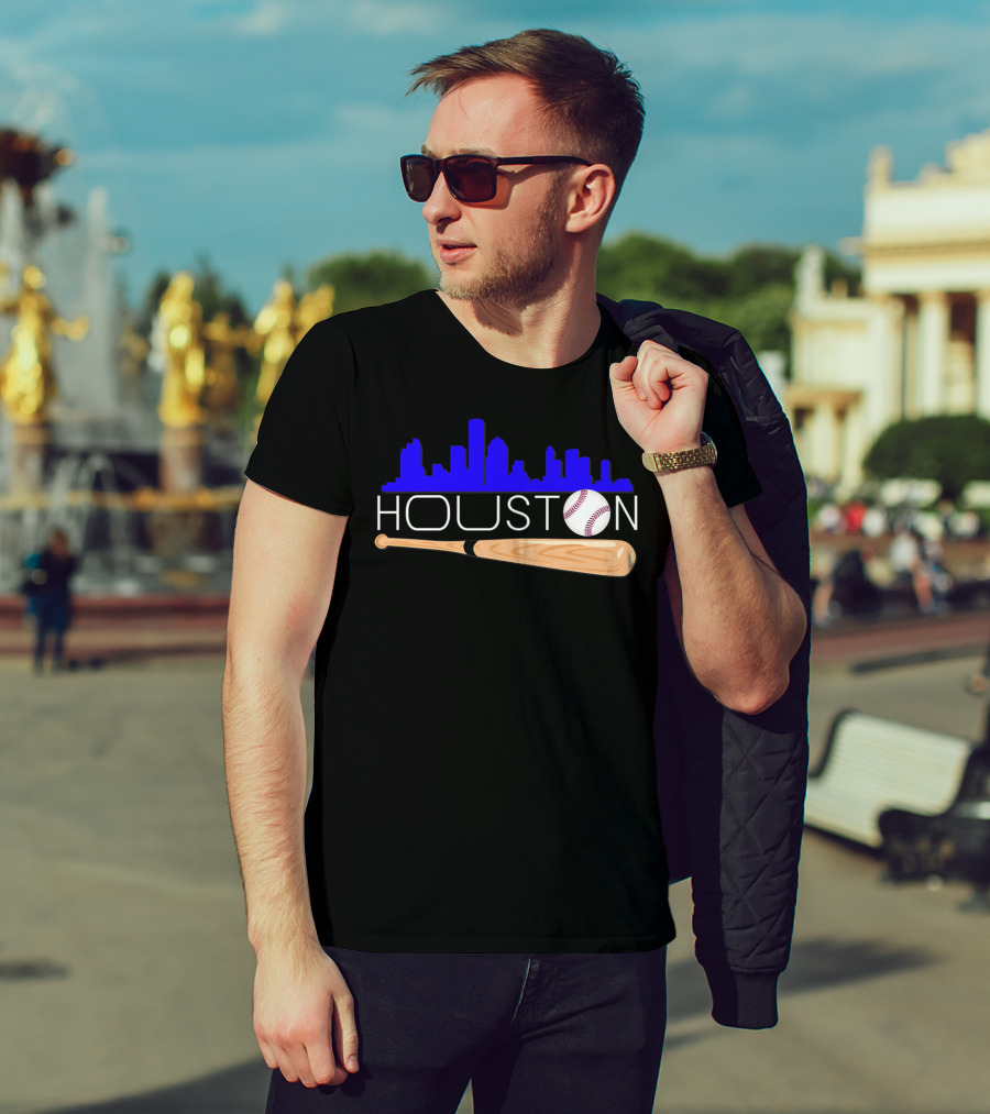 Houston Baseball Astro Font Skyline With Bat And Ball T-Shirt