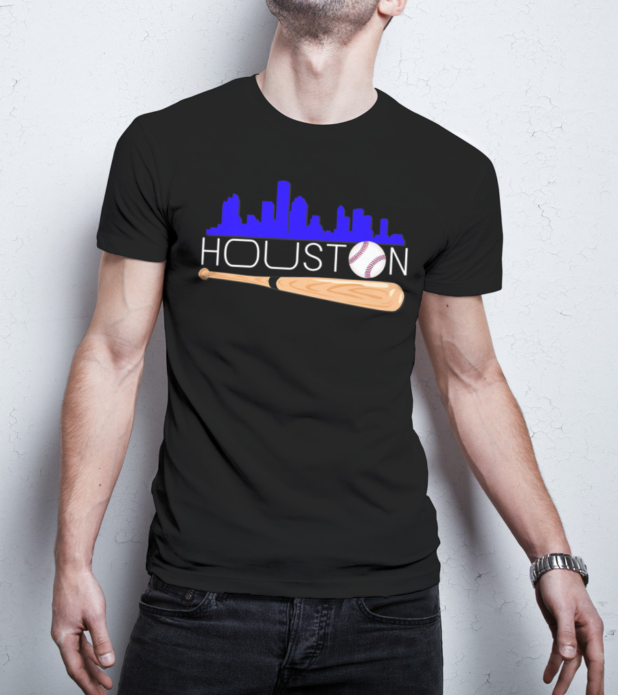 Houston Baseball Astro Font Skyline With Bat And Ball T-Shirt