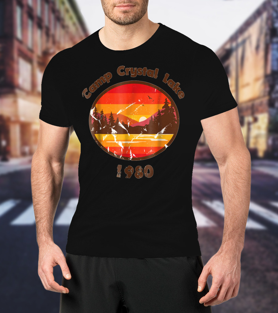 Camp Crystal Lake 1980 Retro Sunset Forest Scene T-Shirt