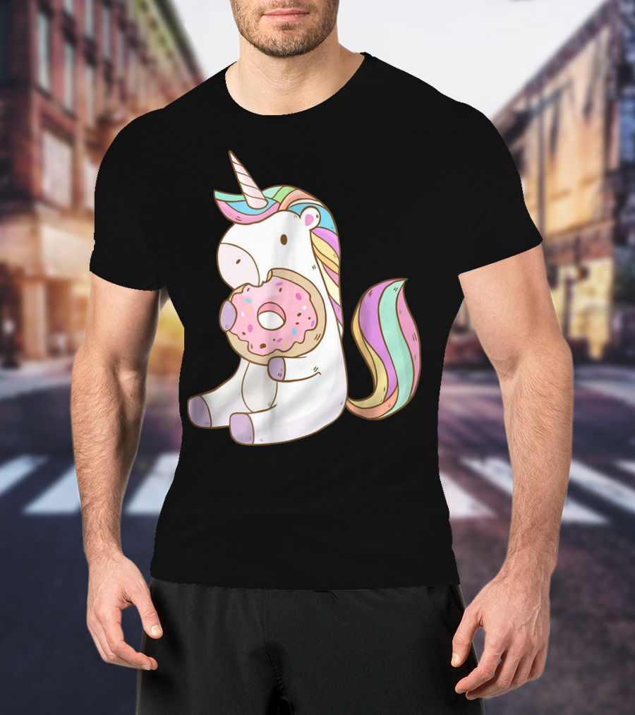Cute Hungry Unicorn Enjoying A Delicious Donut With Sprinkles T-Shirt