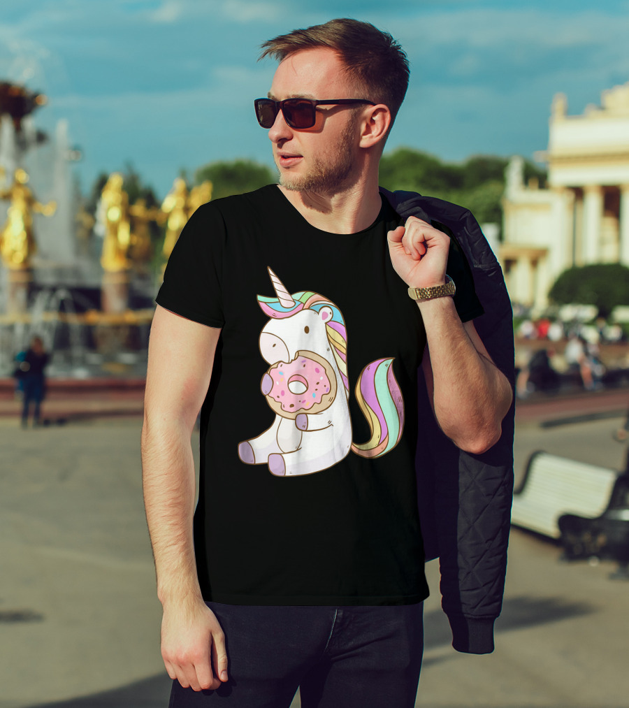 Cute Hungry Unicorn Enjoying A Delicious Donut With Sprinkles T-Shirt