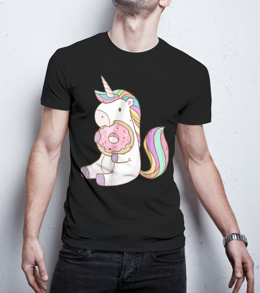 Cute Hungry Unicorn Enjoying A Delicious Donut With Sprinkles T-Shirt