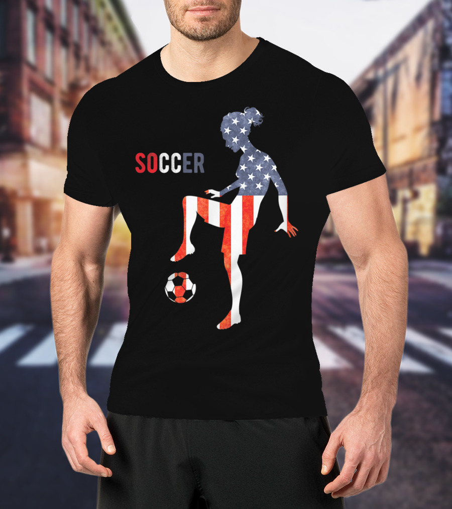American Flag USA Soccer Player Silhouette Girl T-Shirt
