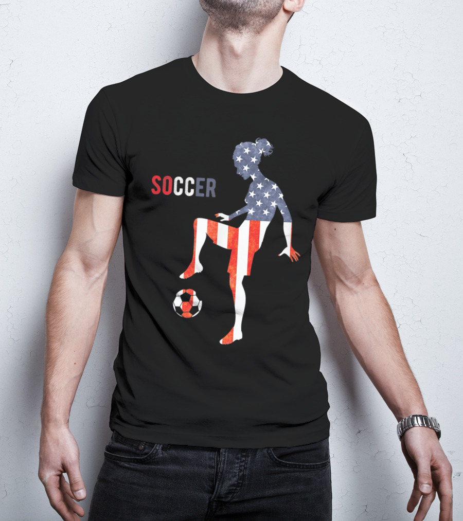 American Flag USA Soccer Player Silhouette Girl T-Shirt