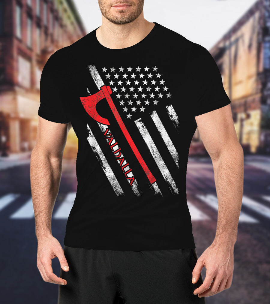 Valhalla American Viking Axe Flag T-Shirt