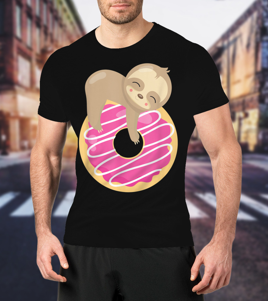Baby Sloth Sleeping On Pink Frosted Donut T-Shirt