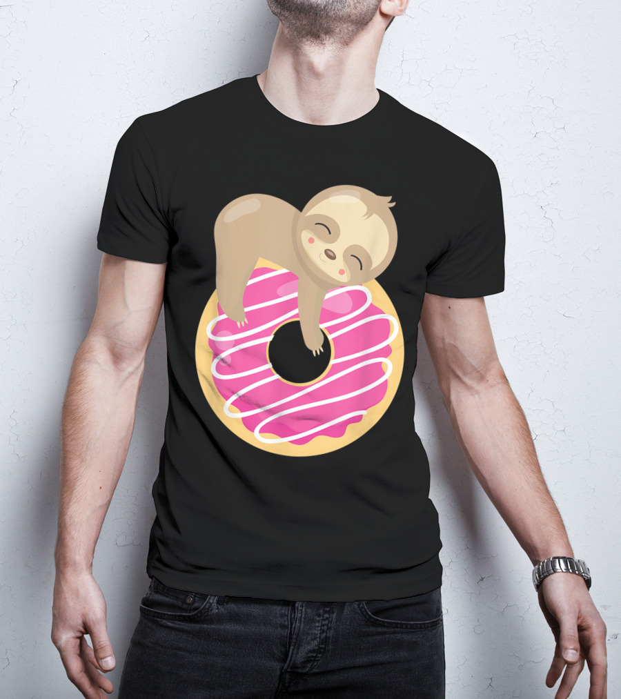 Baby Sloth Sleeping On Pink Frosted Donut T-Shirt