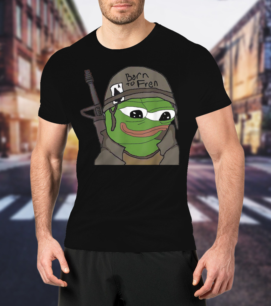 Born To Fren Pepe Military Helmet Cartoon With Rifle T-Shirt