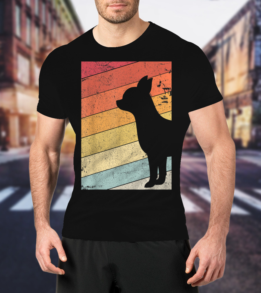 Chihuahua Style Retro Silhouette With Vintage Rainbow Stripes T-Shirt