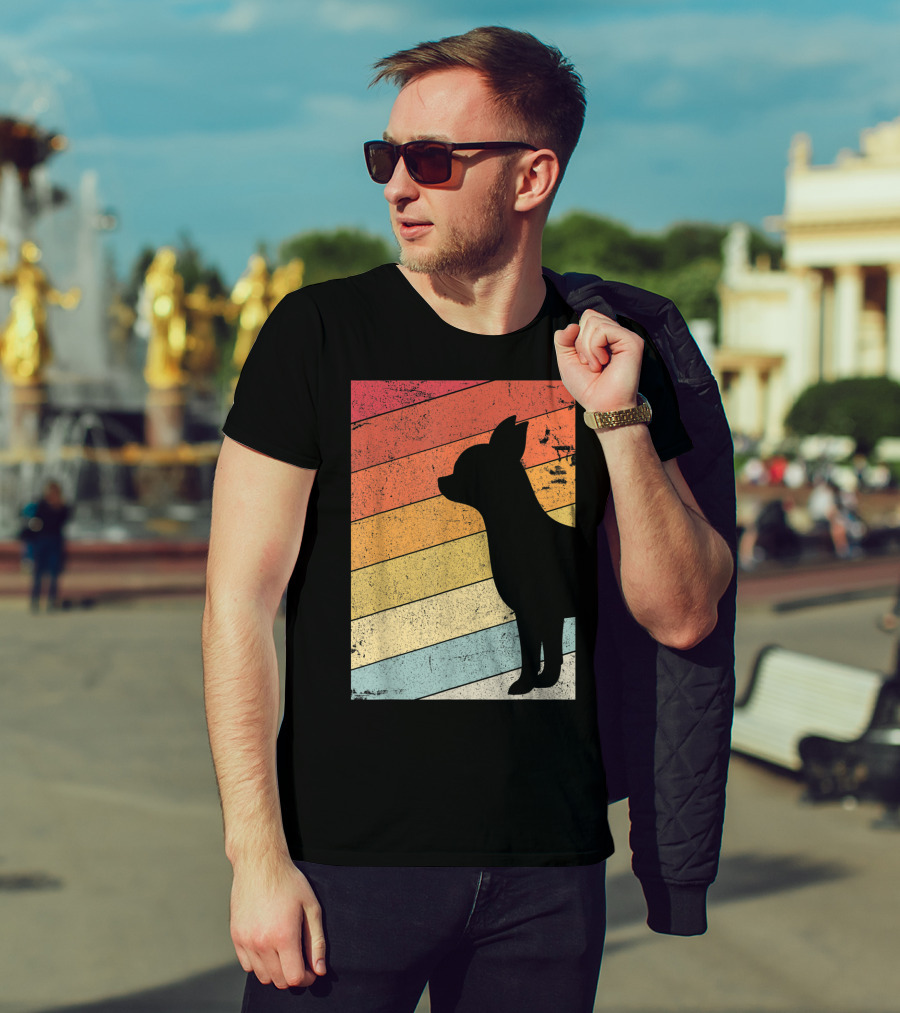 Chihuahua Style Retro Silhouette With Vintage Rainbow Stripes T-Shirt