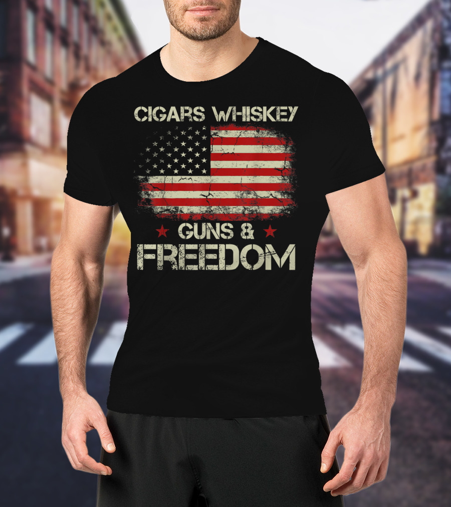 Cigars Whiskey Guns Freedom American Flag Patriotic USA Stars Stripes T-Shirt