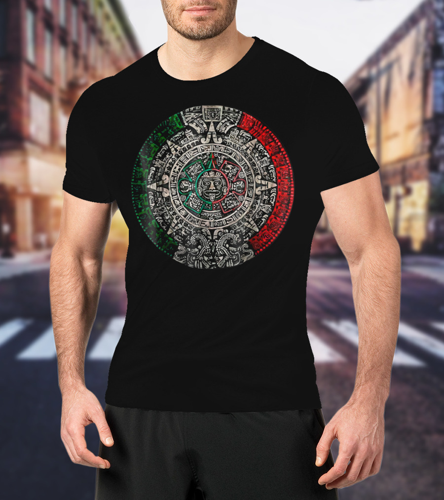 Aztec Calendar Sun Stone Mexican Flag Colors Carving Maya Mayans T-Shirt