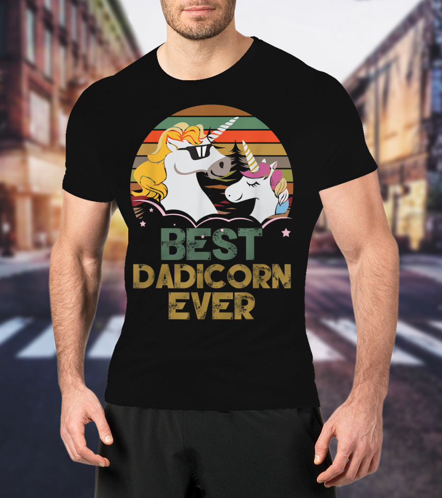 Best Dadicorn Ever Retro Funny Unicorns With Sunset Stripes T-Shirt