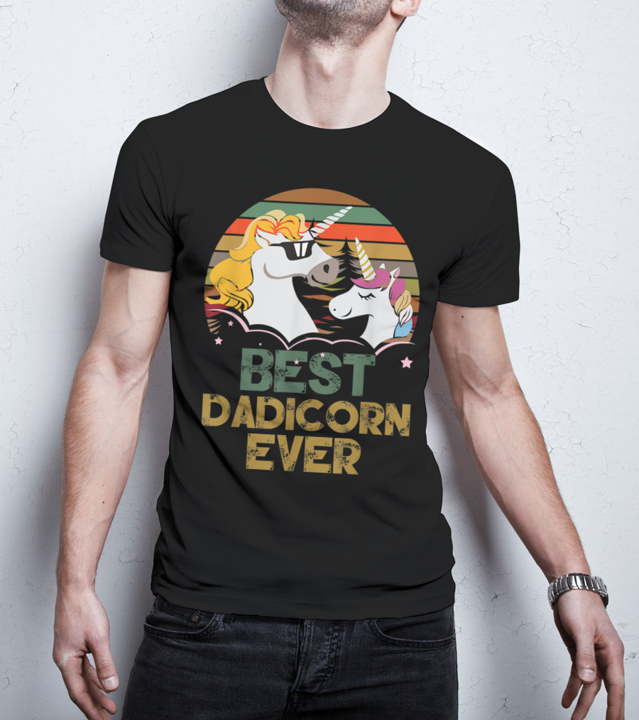 Best Dadicorn Ever Retro Funny Unicorns With Sunset Stripes T-Shirt