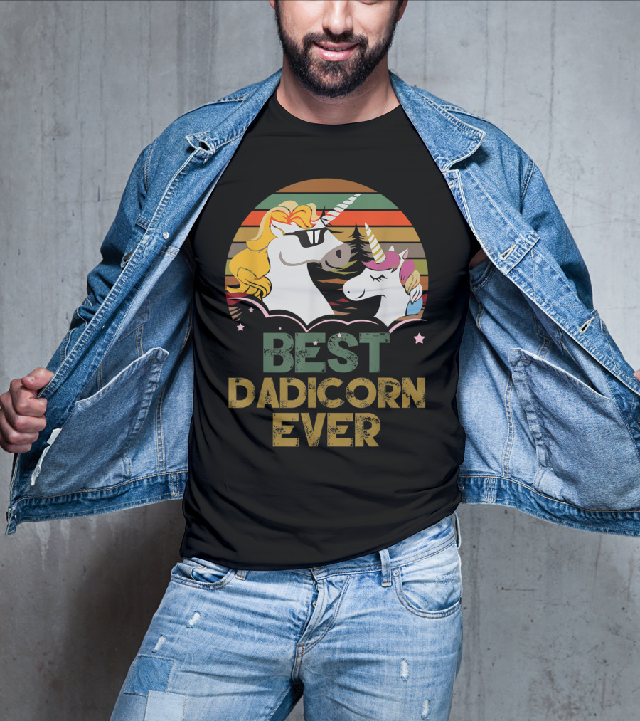 Best Dadicorn Ever Retro Funny Unicorns With Sunset Stripes T-Shirt