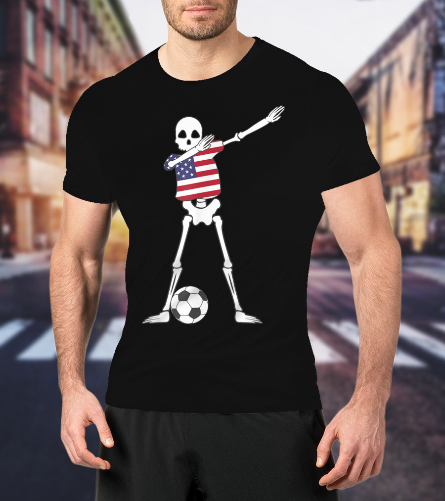 Dabbing Skeleton USA Soccer American Flag Dab Dance Football T-Shirt