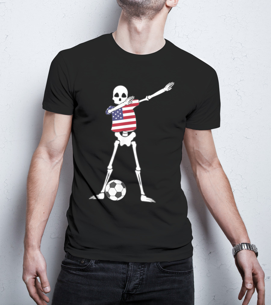Dabbing Skeleton USA Soccer American Flag Dab Dance Football T-Shirt