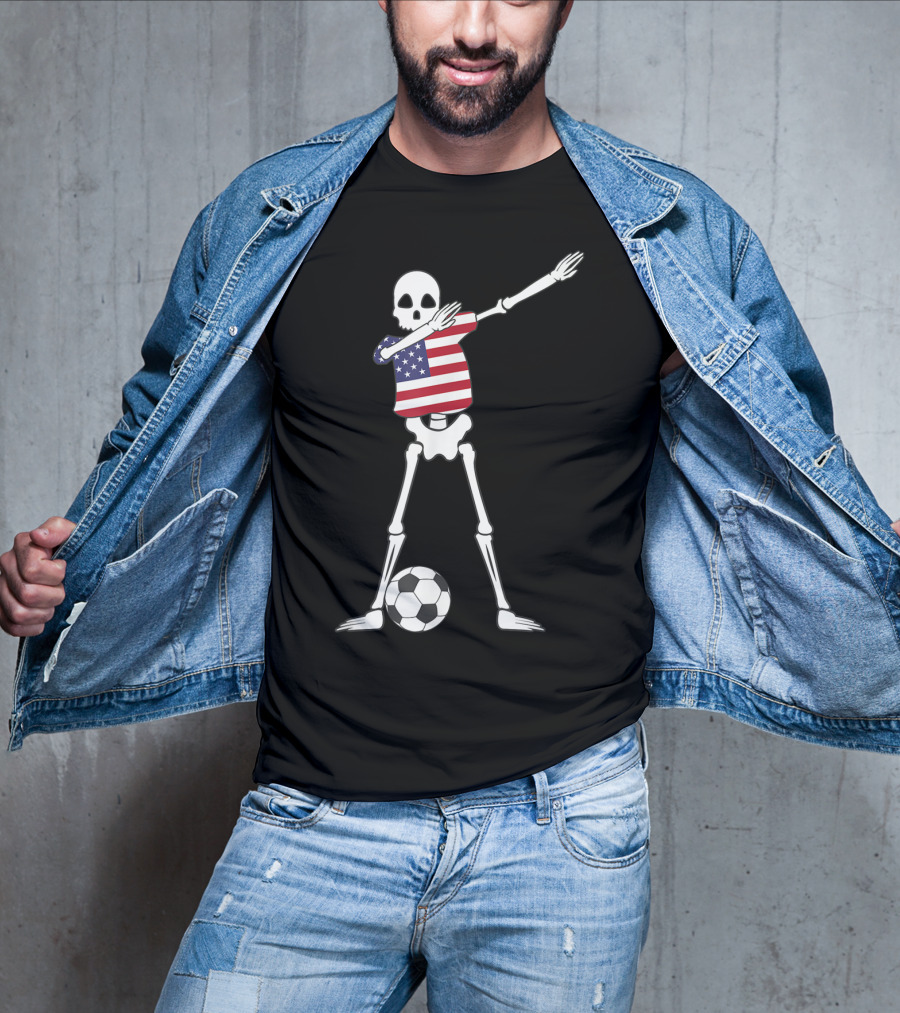 Dabbing Skeleton USA Soccer American Flag Dab Dance Football T-Shirt