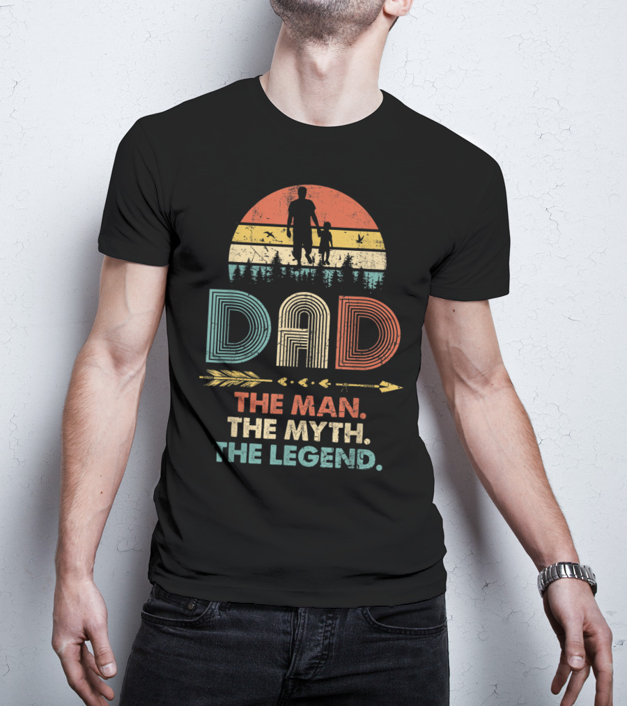 Dad The Man The Myth The Legend Vintage Papa Silhouette Retro Sunset Forest Arrow T-Shirt