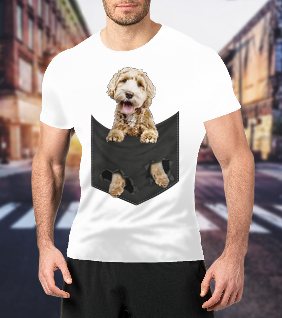 Dog In Your Pocket Labradoodle Peeking Out Pawing Through Black Pocket T-Shirt