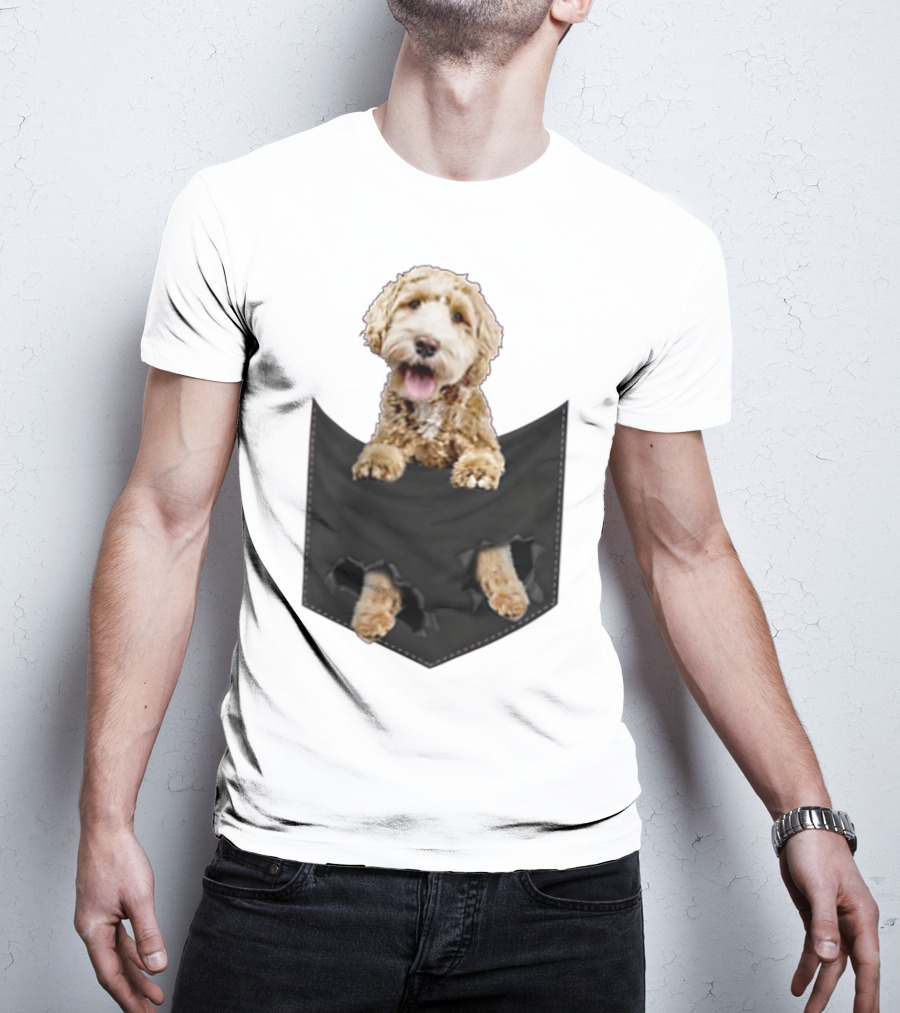 Dog In Your Pocket Labradoodle Peeking Out Pawing Through Black Pocket T-Shirt
