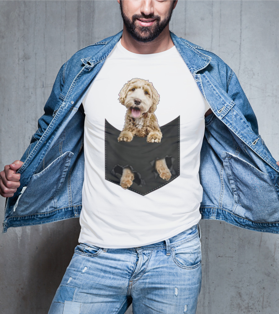 Dog In Your Pocket Labradoodle Peeking Out Pawing Through Black Pocket T-Shirt