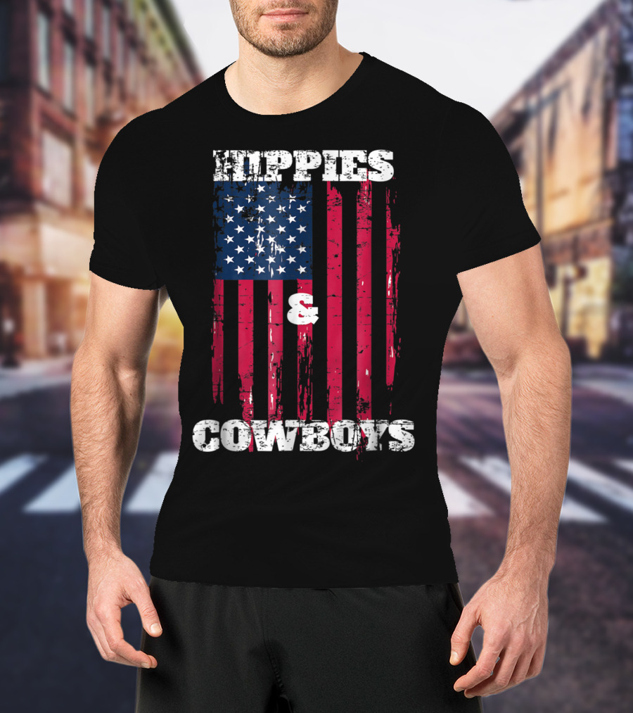 Hippies Cowboys And American Flag Distressed Look T-Shirt