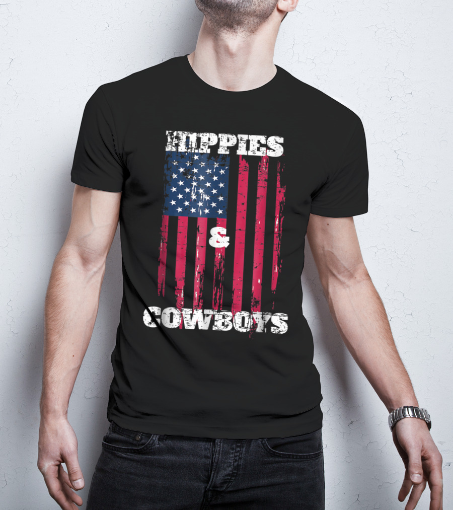 Hippies Cowboys And American Flag Distressed Look T-Shirt