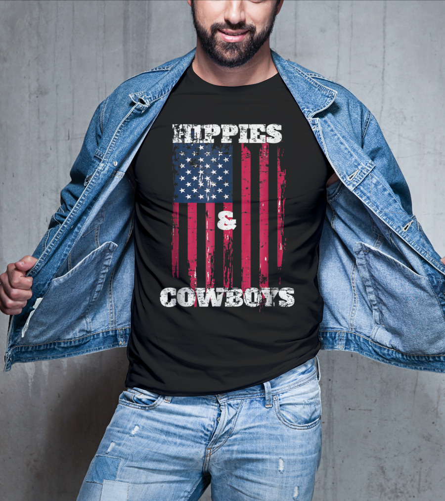Hippies Cowboys And American Flag Distressed Look T-Shirt