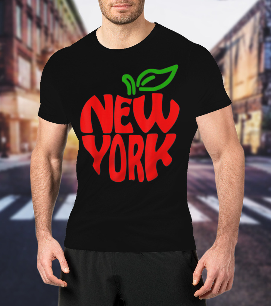 New York Big Apple Red Typography With Green Leaf T-Shirt