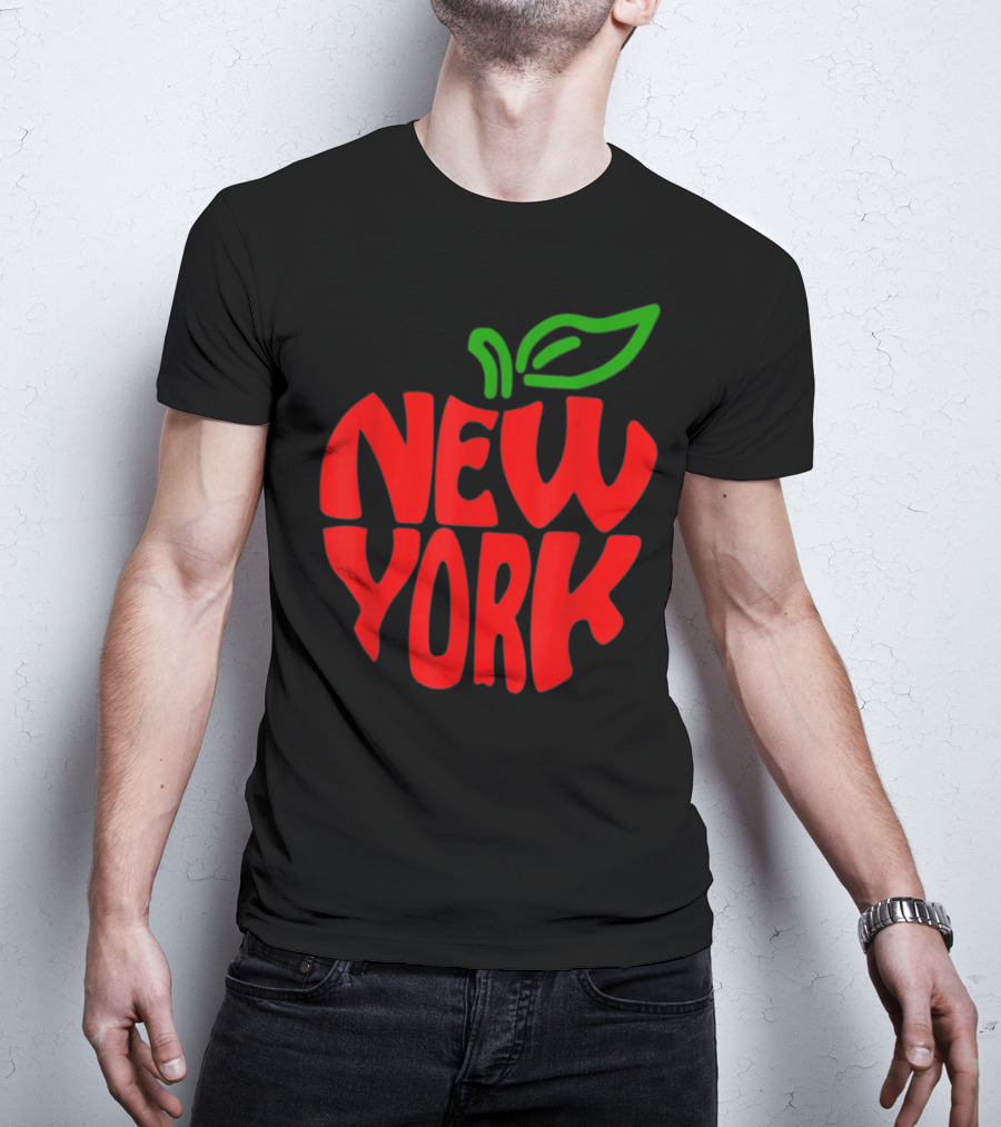 New York Big Apple Red Typography With Green Leaf T-Shirt