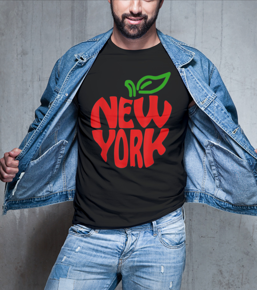 New York Big Apple Red Typography With Green Leaf T-Shirt