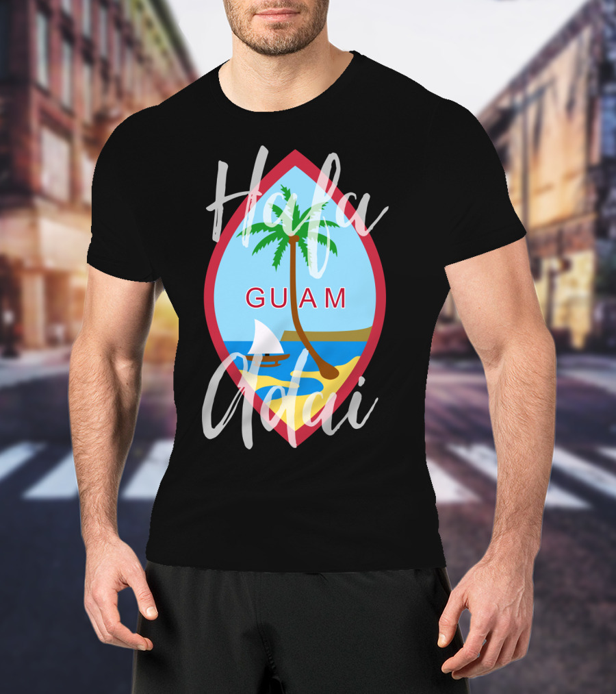 Hafa Adai Guam Palm Tree Beach Sailboat Emblem T-Shirt
