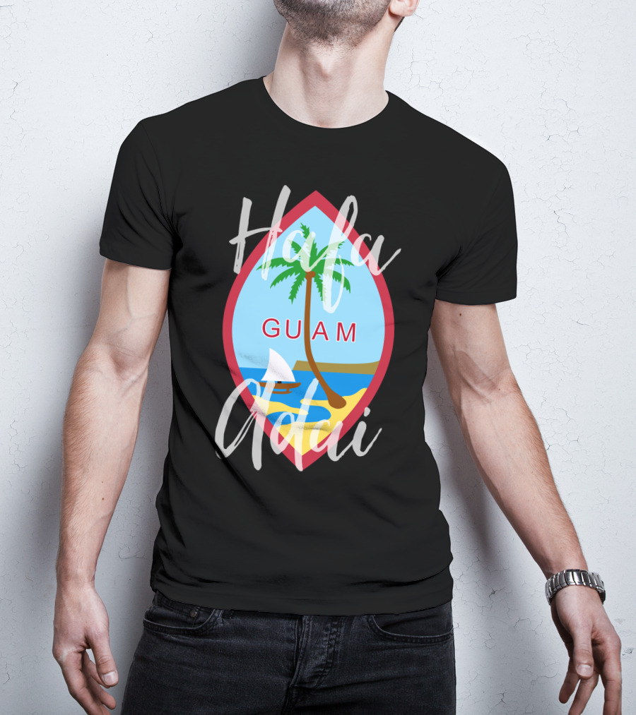 Hafa Adai Guam Palm Tree Beach Sailboat Emblem T-Shirt