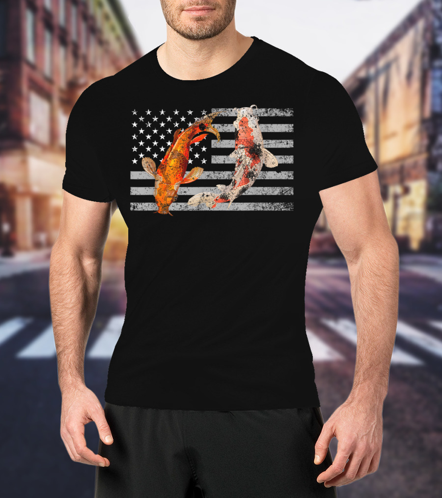 USA Flag With Japanese Koi Fish And Koi Carp T-Shirt