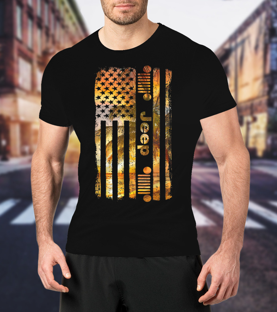 Jeep American Flag Tropical Palm Beach Summer T-Shirt