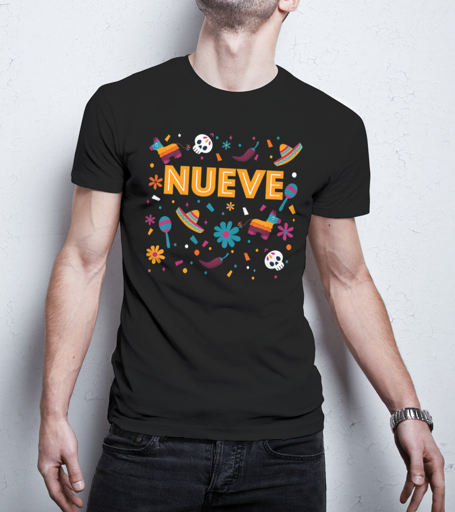 Kids 9 Year Old Mexican Fiesta Birthday Nueve Pinata Sombrero Maracas Skulls Flowers T-Shirt