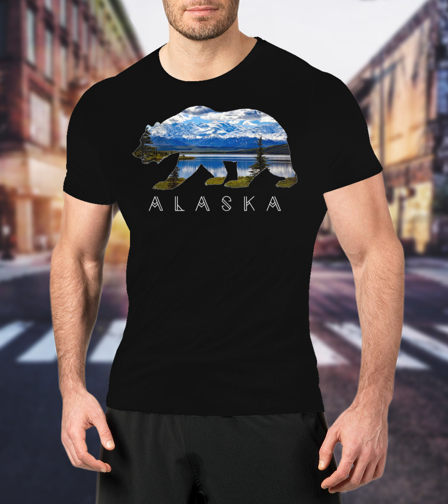 Alaska Bear Silhouette With Mountain Lake Scene T-Shirt