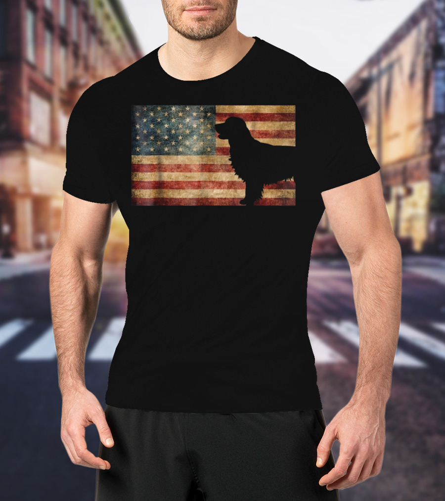 Golden Retriever Silhouette With Vintage American Flag T-Shirt