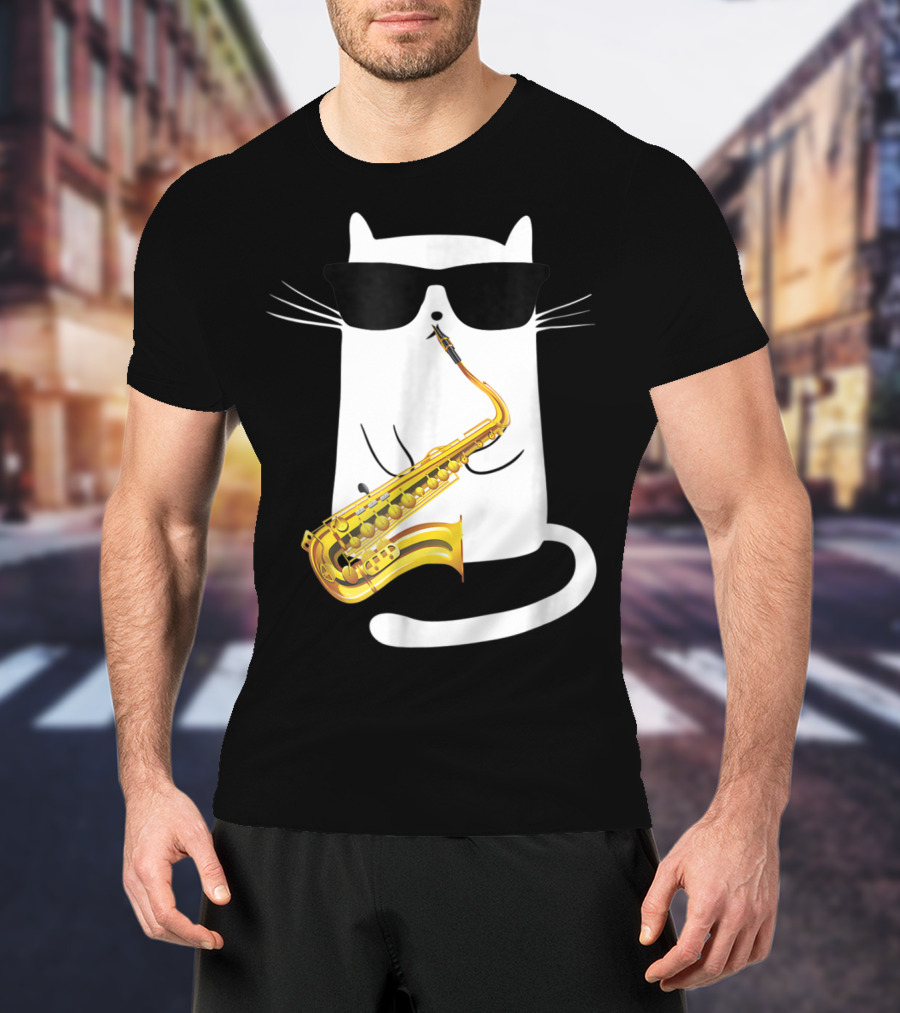Funny Cat Playing Saxophone With Sunglasses T-Shirt