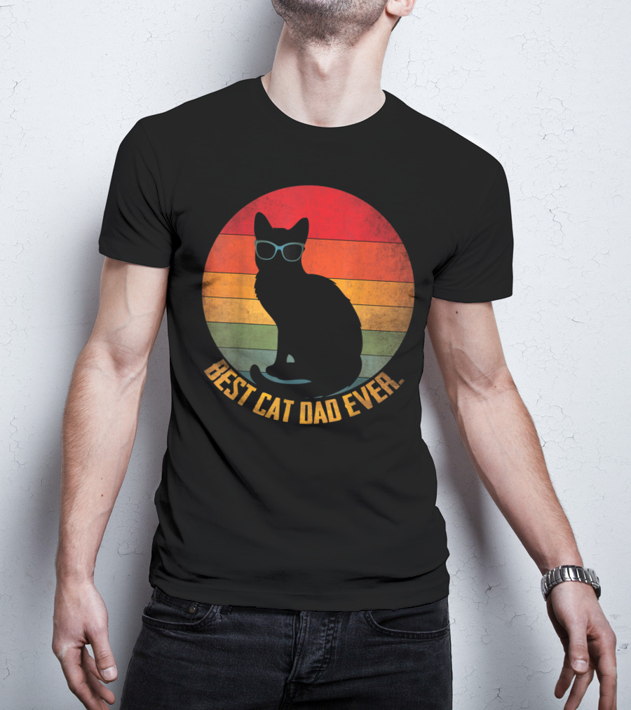 Vintage Sunset Best Cat Dad Ever Silhouette With Sunglasses T-Shirt