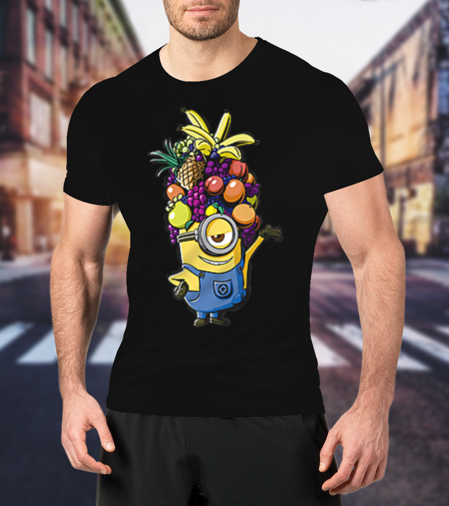 Despicable Me Minions Stuart Wearing Colorful Fruit Hat Overalls T-Shirt