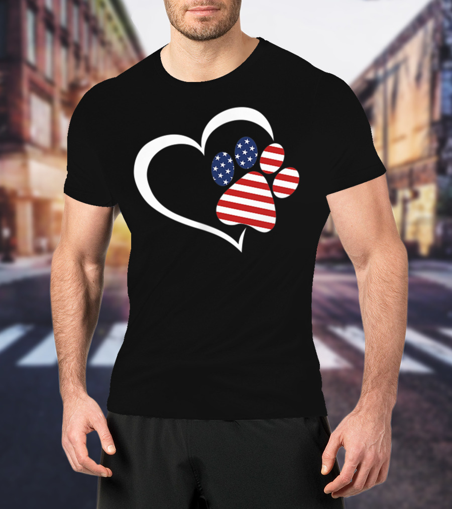 Dog Paw Heart Love Red White Blue American Flag Patriotic T-Shirt