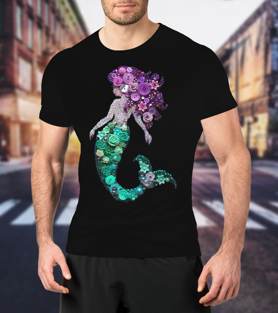 Flower Mermaid Purple Green Buttons T-Shirt