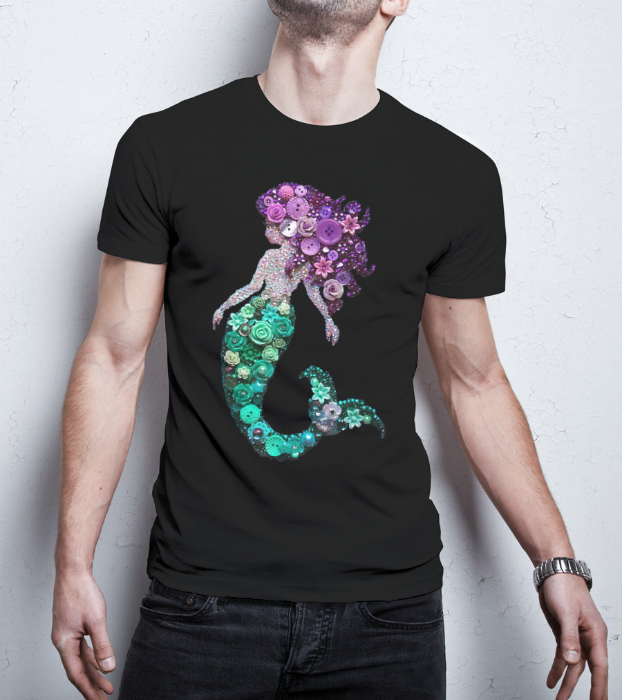 Flower Mermaid Purple Green Buttons T-Shirt