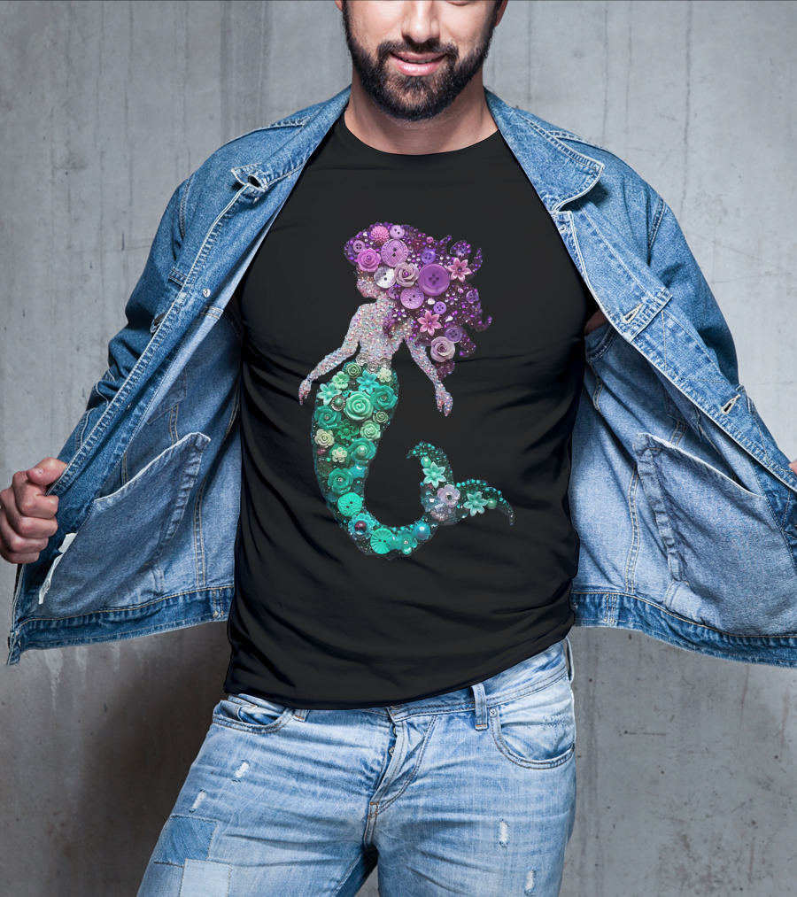 Flower Mermaid Purple Green Buttons T-Shirt