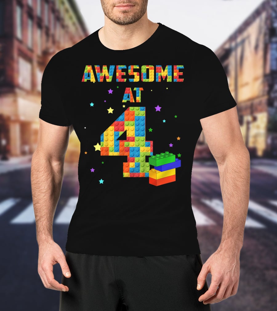 AWESOME AT 4 Building Blocks Kids Birthday T-Shirt